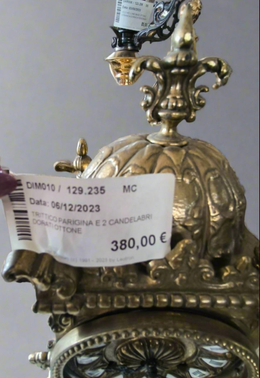 TRITTICO PARIGINA E 2 CANDELABRI DORATI OTTONE (DA SCONTARE)