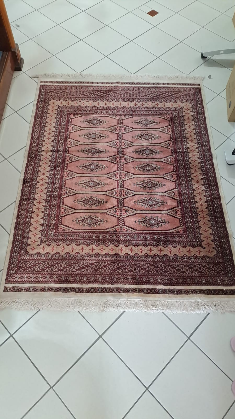 Tappeto Persiano Lana Seta Tipo Bukhara Disegni Geometrici Rosa Bordeaux