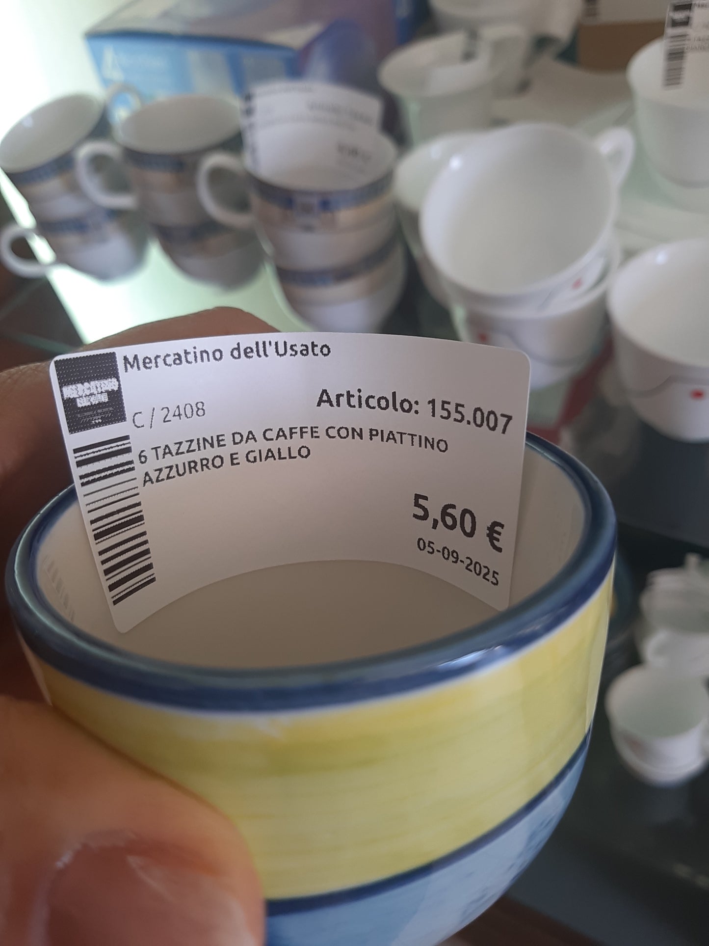 6 Tazzine Da Caffe Con Piattino Azzurro E Giallo