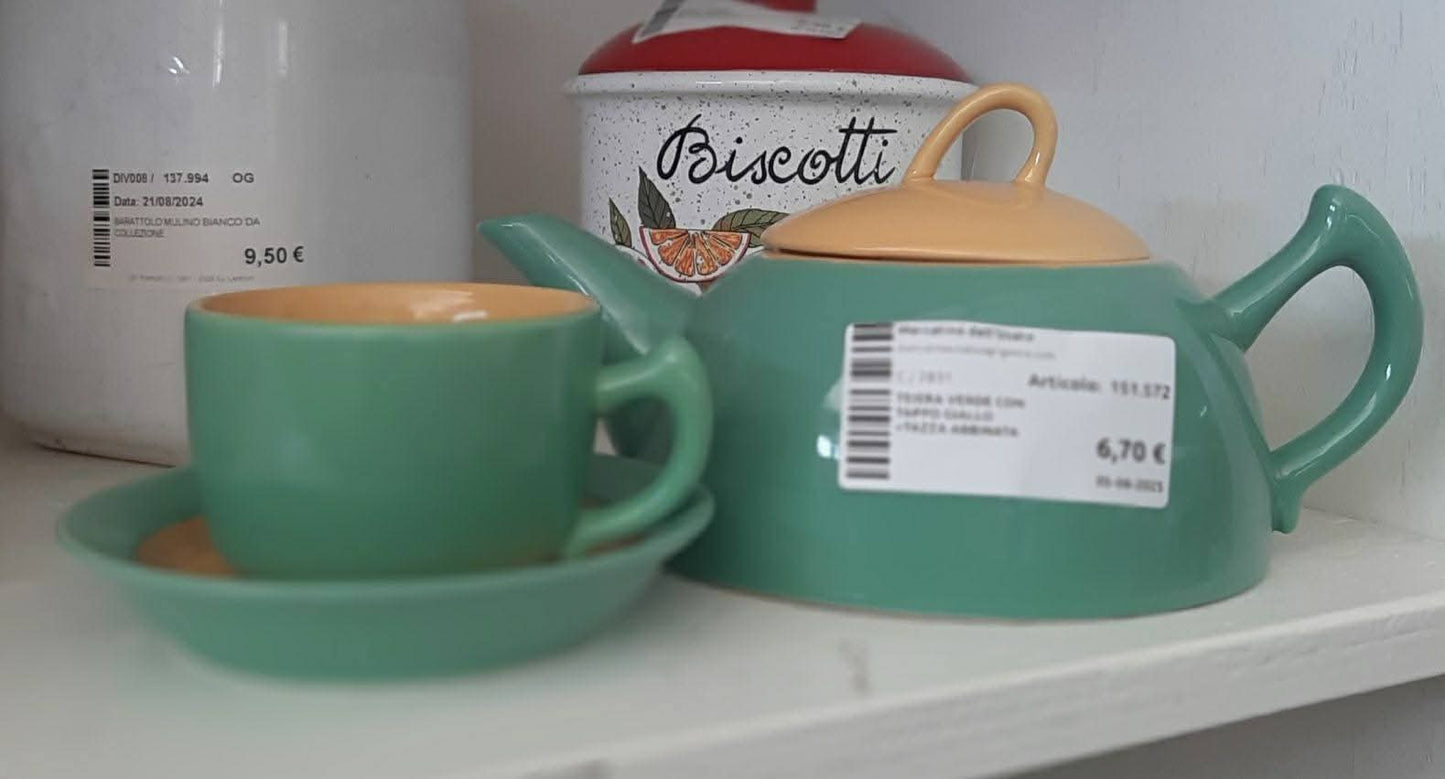 Teiera Verde Con Tappo Giallo +tazza Abbinata