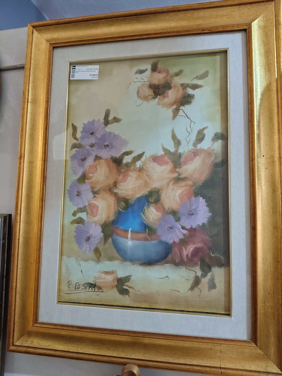 Quadro Cornice Dorata Vaso Con Fiori