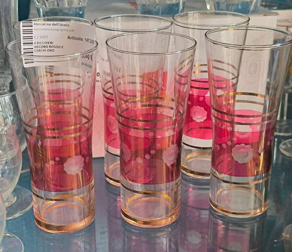 6 Bicchieri Decoro Rosso E Cerchi Oro