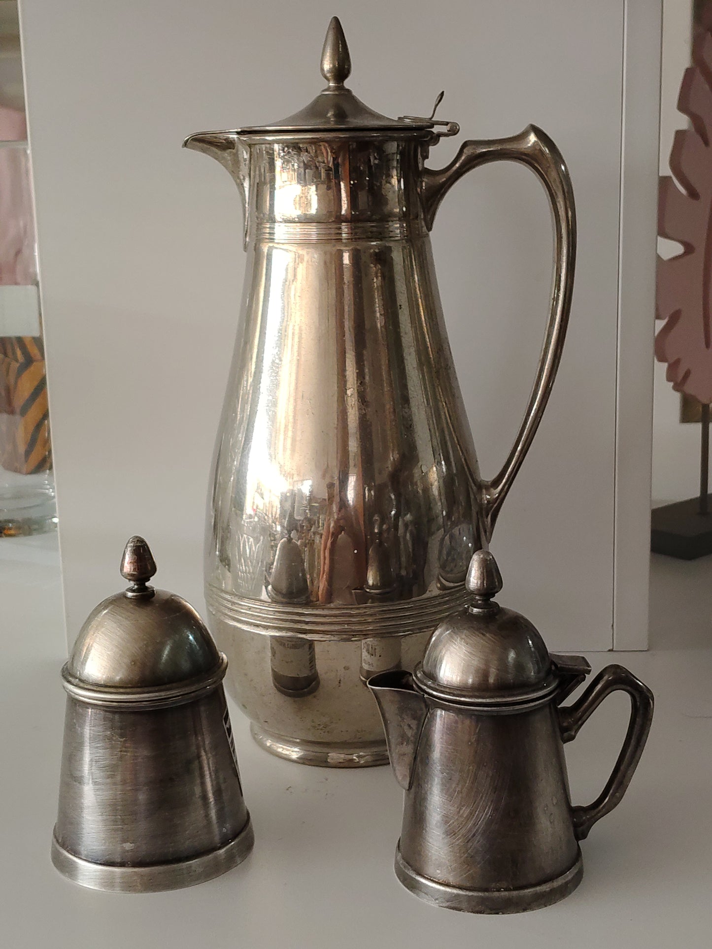 Gruppo Vecchia Caffettiera Lettiera E Zuccheriera R. In Silver /termos 3pz