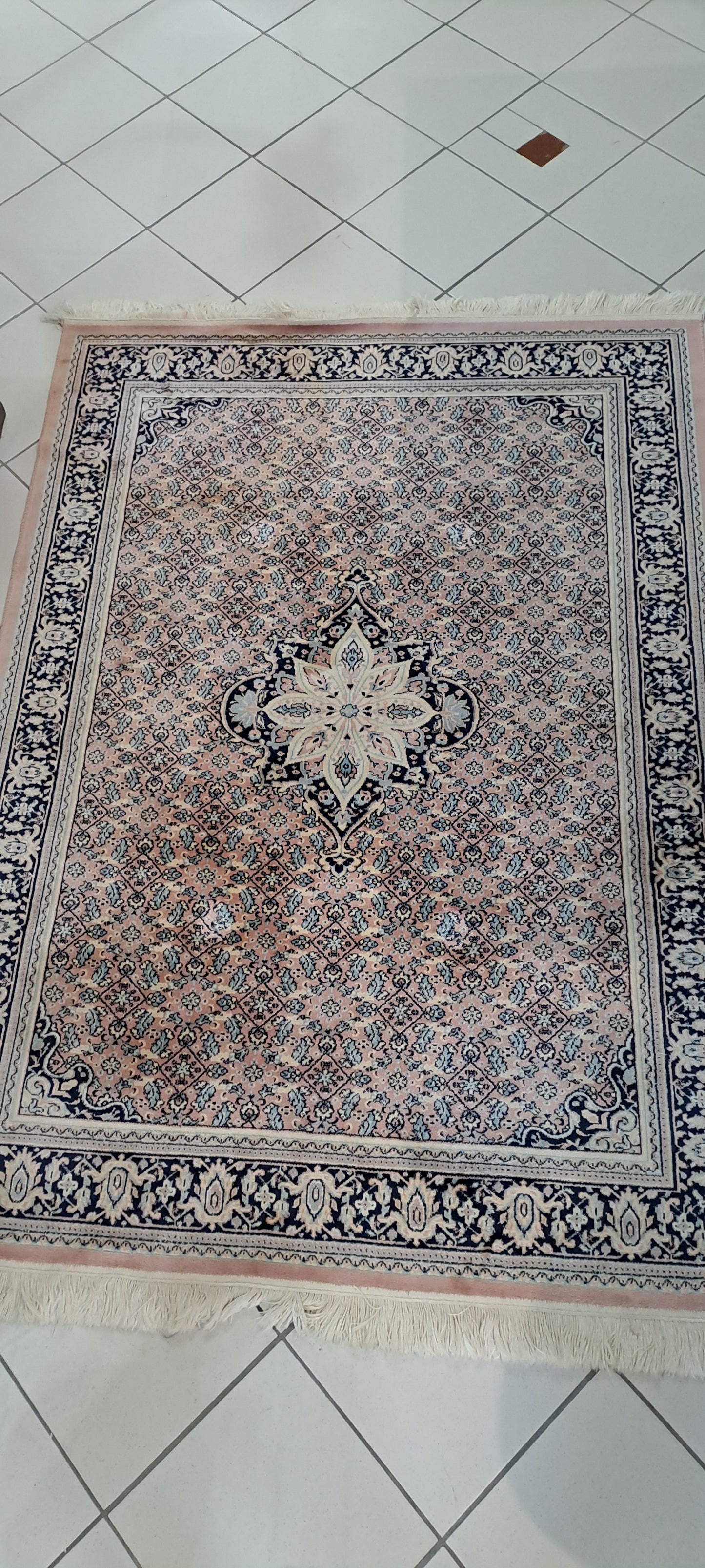 Tappeto 180x130 Lana Seta Rosone Centrale Rose Blu