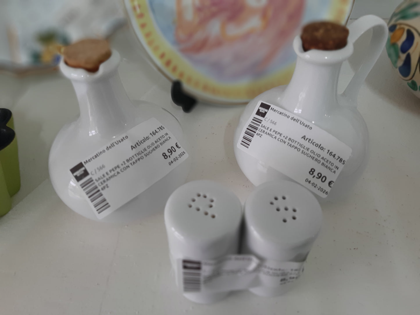 Sale E Pepe +2 Bottiglie Olio Aceto In Ceramica Con Tappo Sughero Bianca 4pz