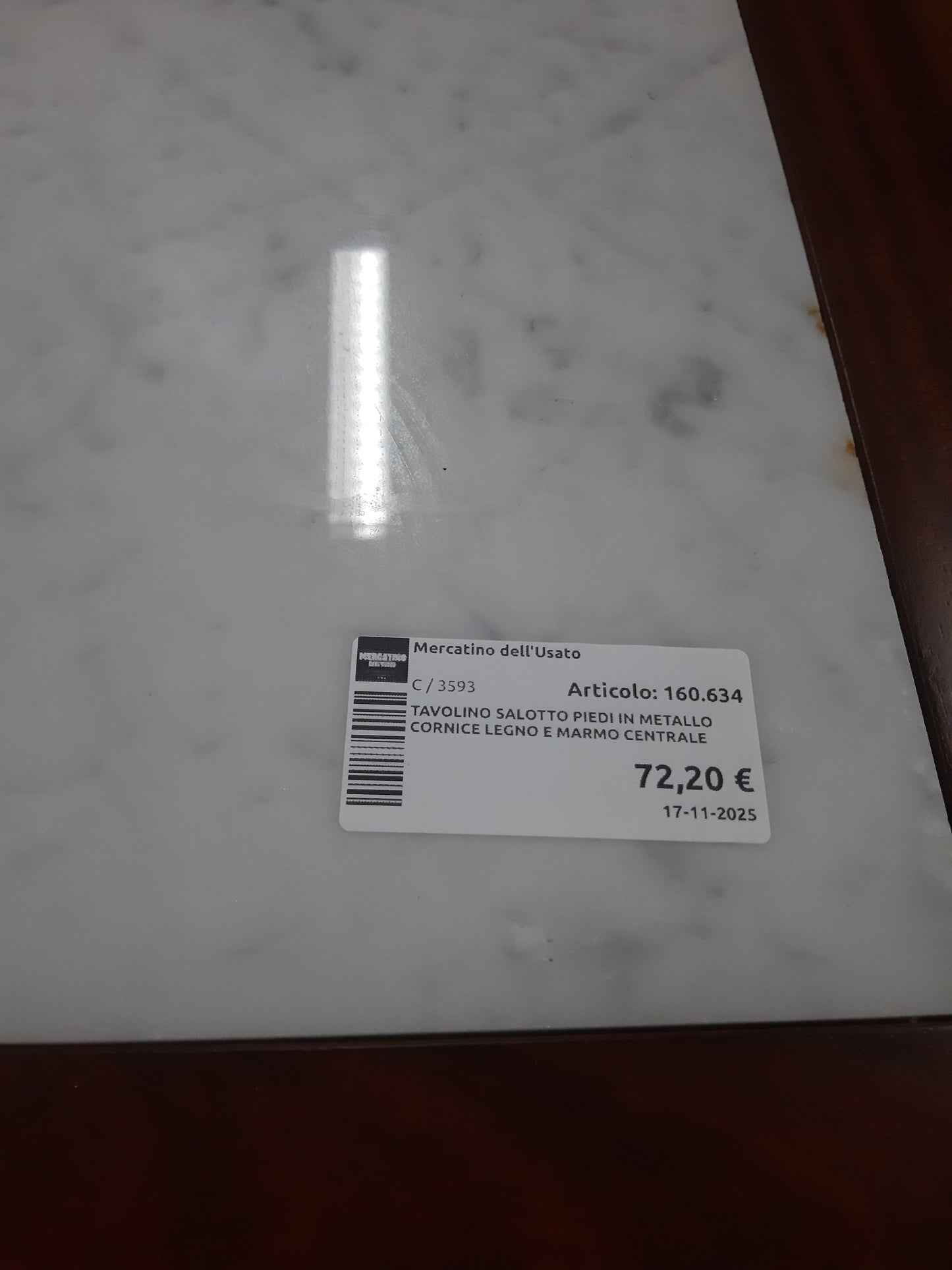 Tavolino Salotto Piedi In Metallo Cornice Legno E Marmo Centrale