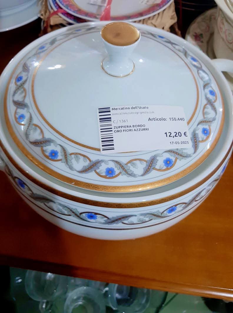 Zuppiera Bordo Oro Fiori Azzurri