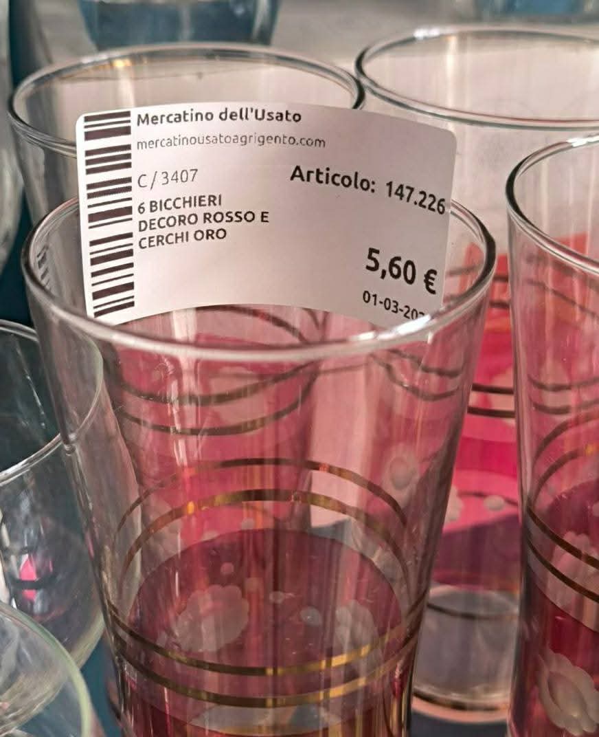 6 Bicchieri Decoro Rosso E Cerchi Oro