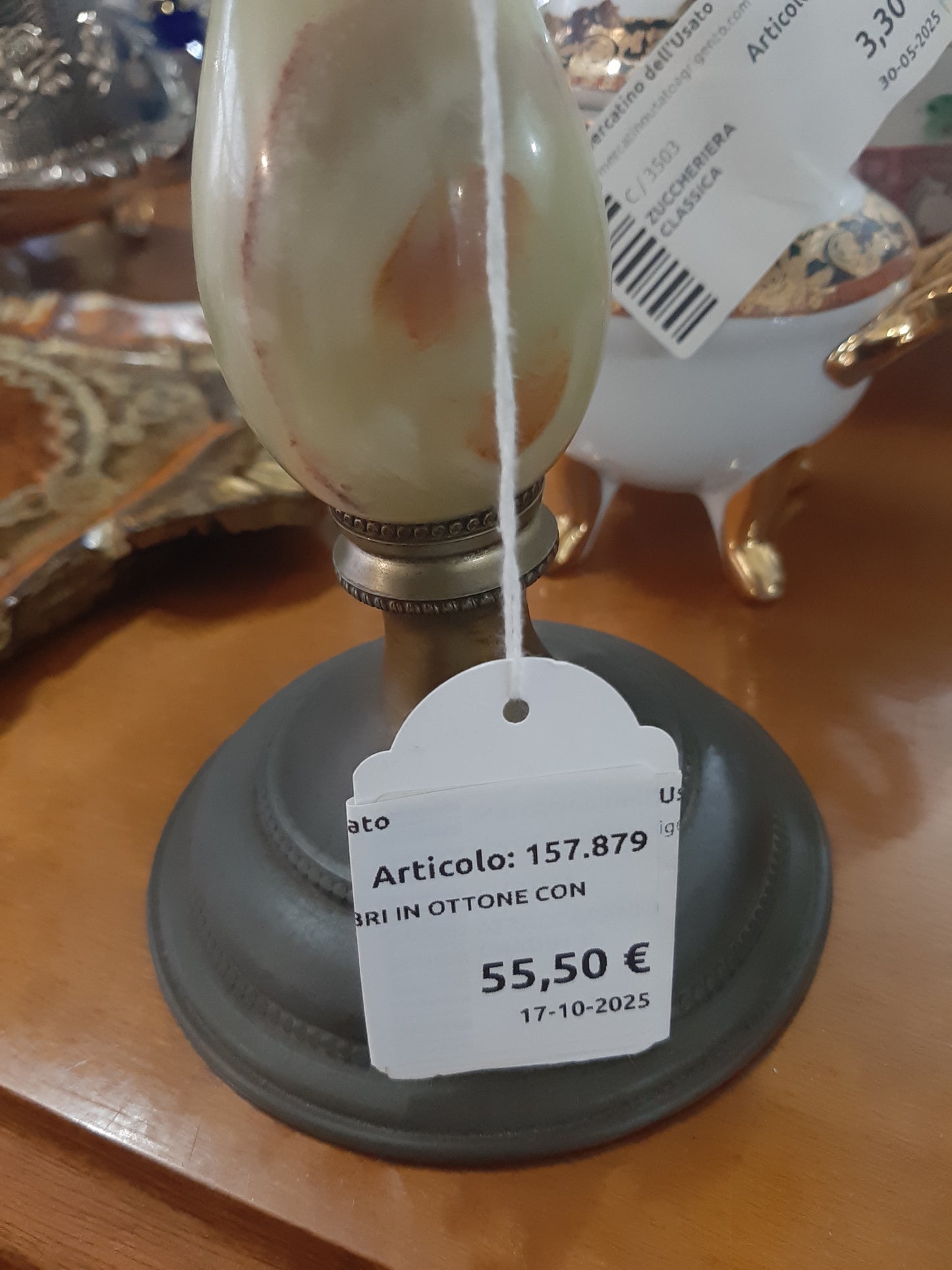 Coppia Candelabri In Ottone Con Inserto In Onice