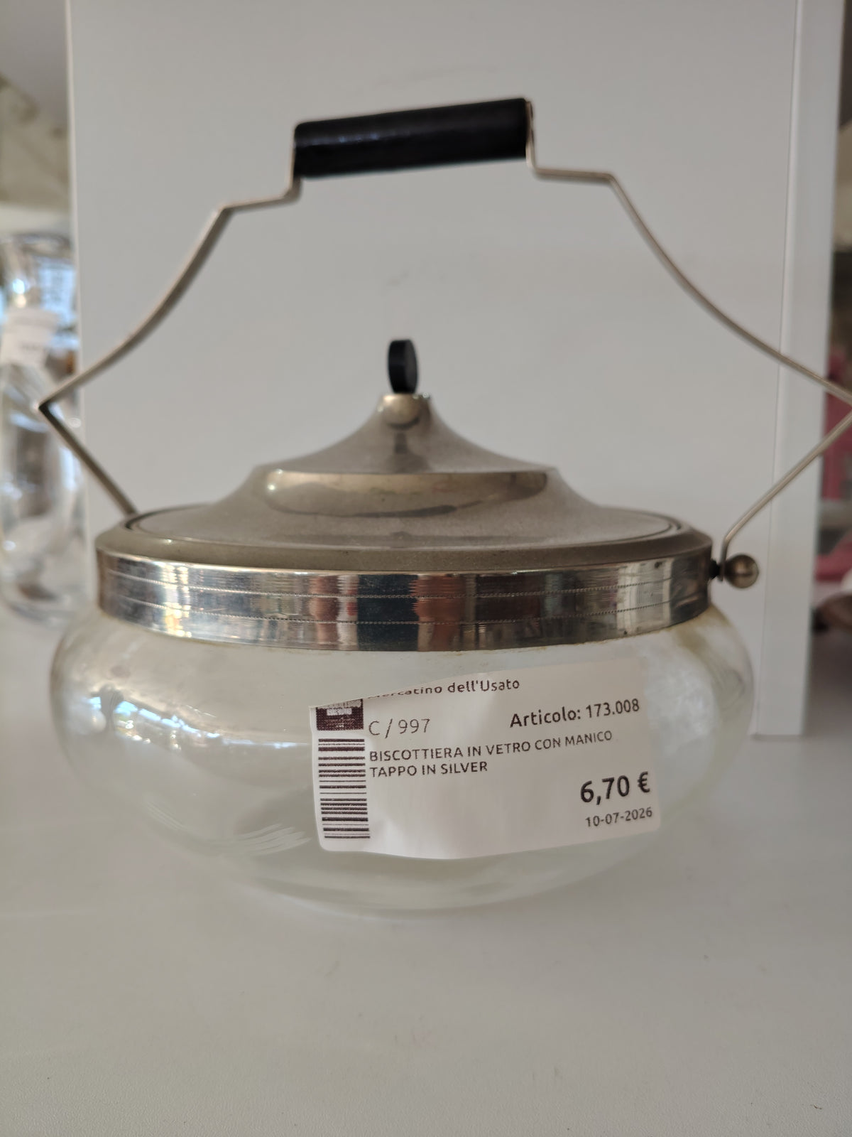 Biscottiera In Vetro Con Manico Tappo In Silver
