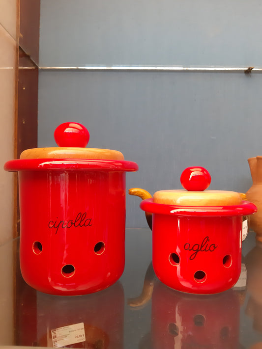 Set Porta Aglio E Porta Cipolla In Ceramica Rossa Con Tappo In Legno