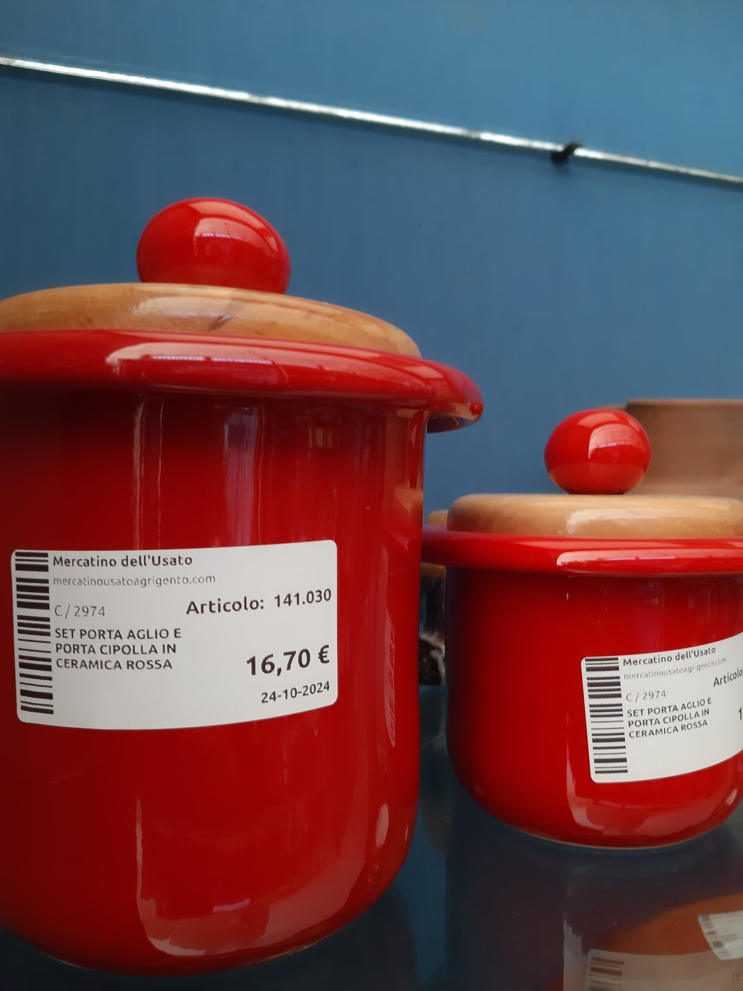 Set Porta Aglio E Porta Cipolla In Ceramica Rossa Con Tappo In Legno