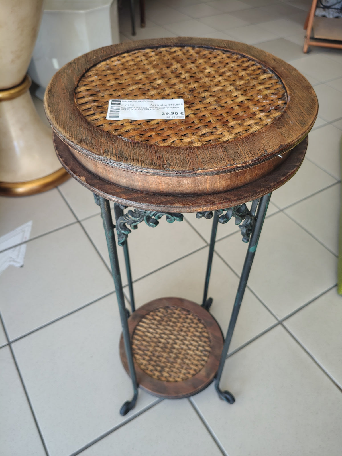 Colonna Portalume In Legno Ferro Battuto E Rattan 2 Basi