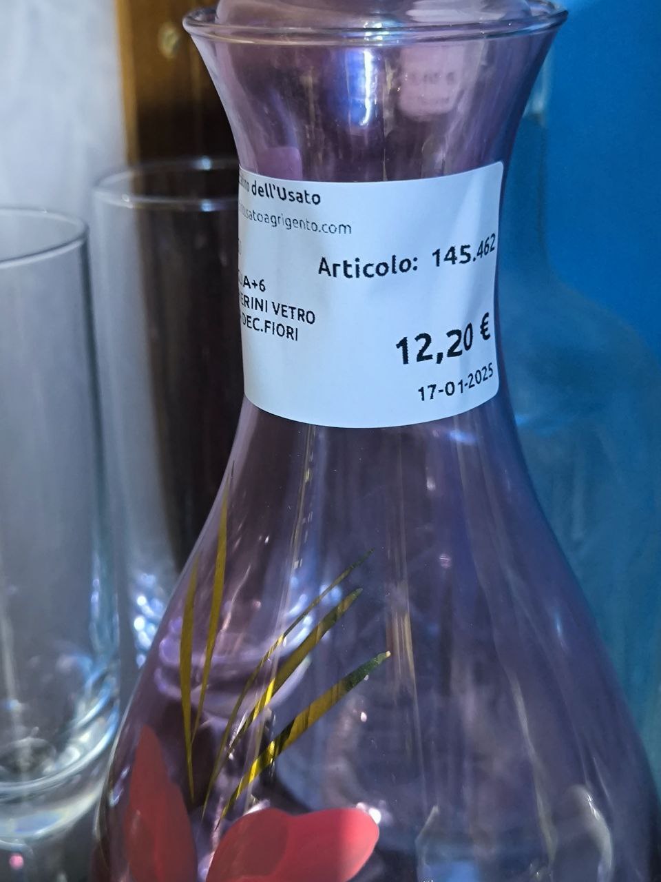 BOTTIGLIA + 6 BICCHIERINI VETRO
VIOLA DECORAZIONE FIORI