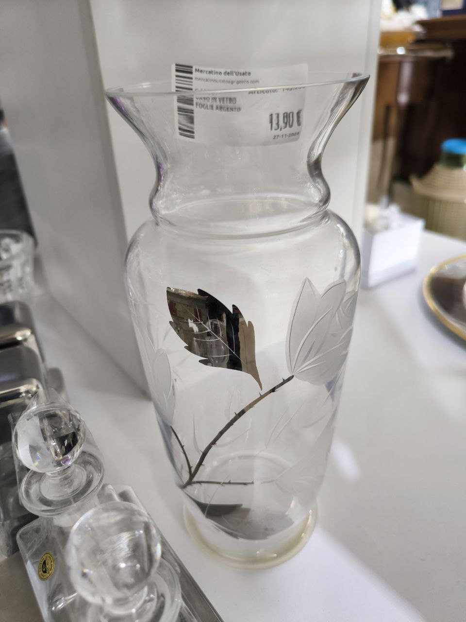 Vaso In Vetro Foglie Argento