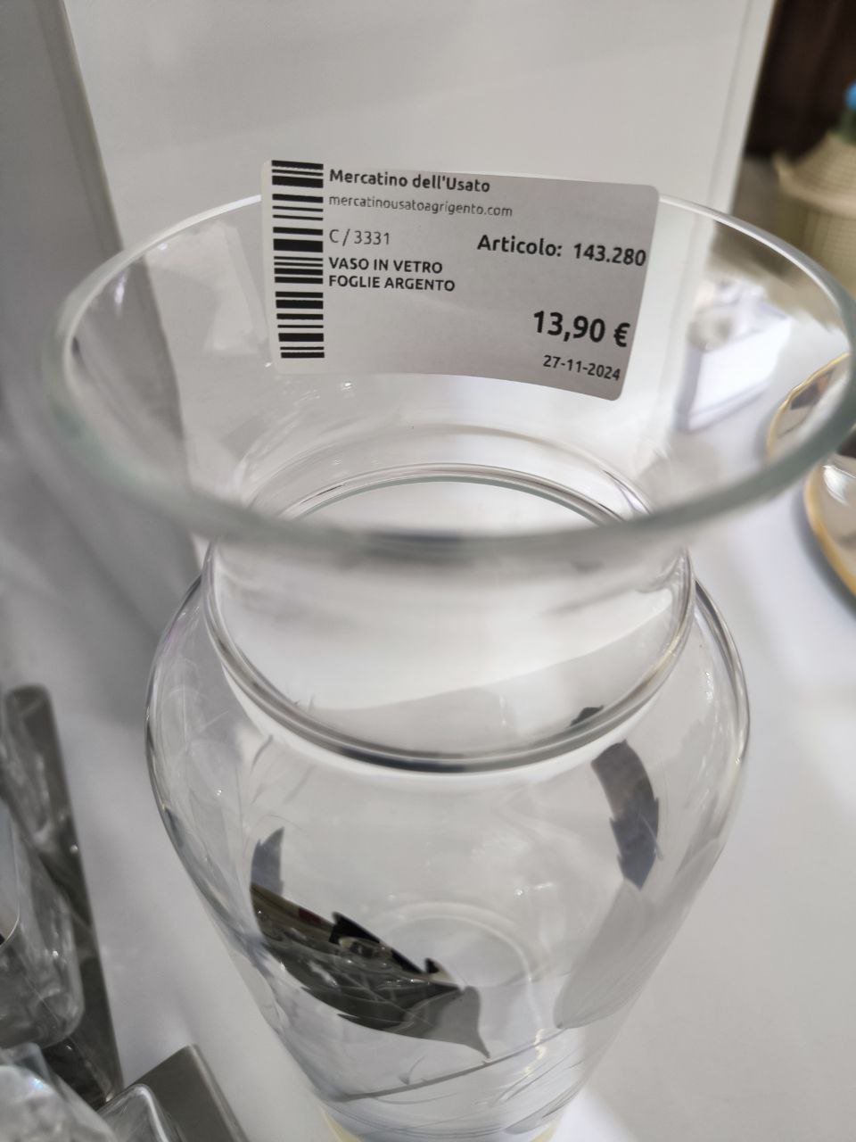 Vaso In Vetro Foglie Argento