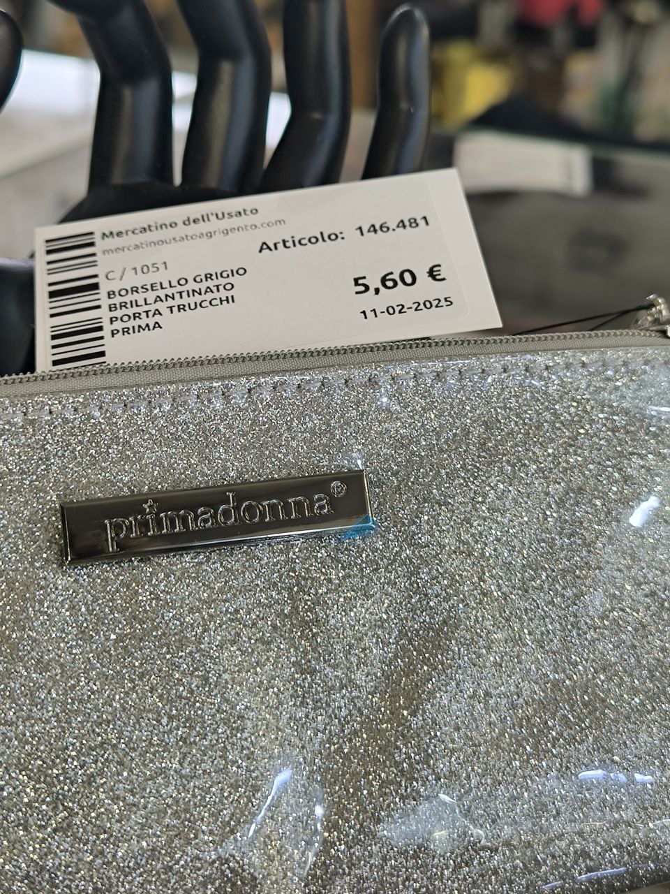 Borsello Grigio Brillantinato Porta Trucchi Prima Donna