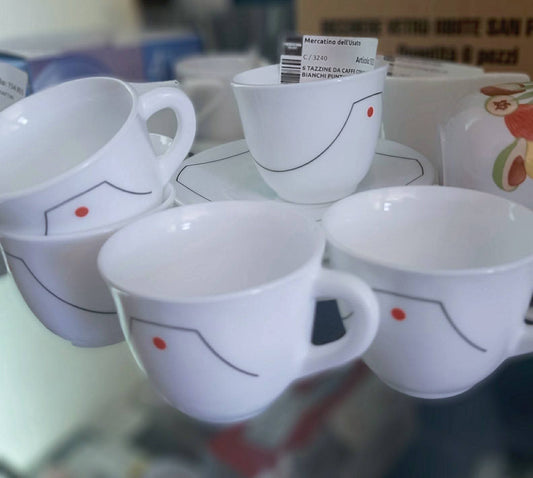 6 Tazzine Da Caffe Con Piattini Bianchi Puntino Rosso