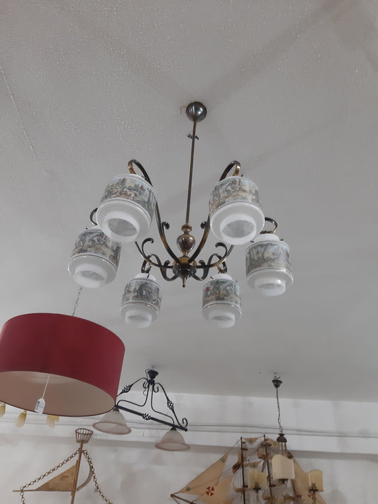 Vecchio Lampadario 6 Boccie Decorate