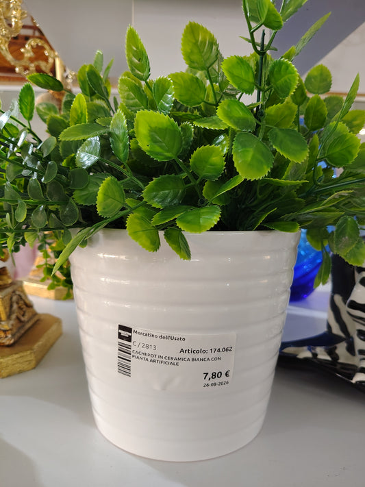 Cachepot In Ceramica Bianca Con  Pianta Artificiale