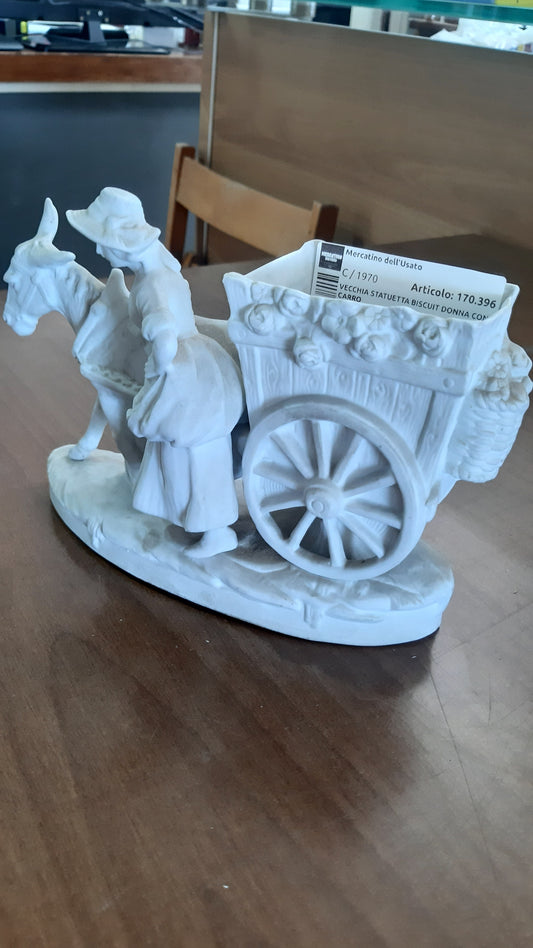 Vecchia Statuetta Biscuit Donna Con Carro