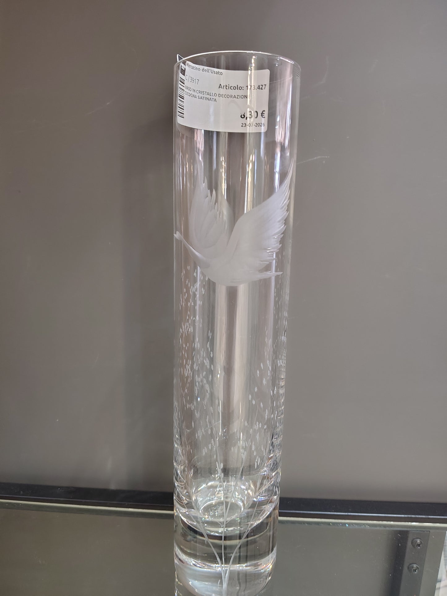 Vaso In Cristallo Decorazione Cicogna Satinata