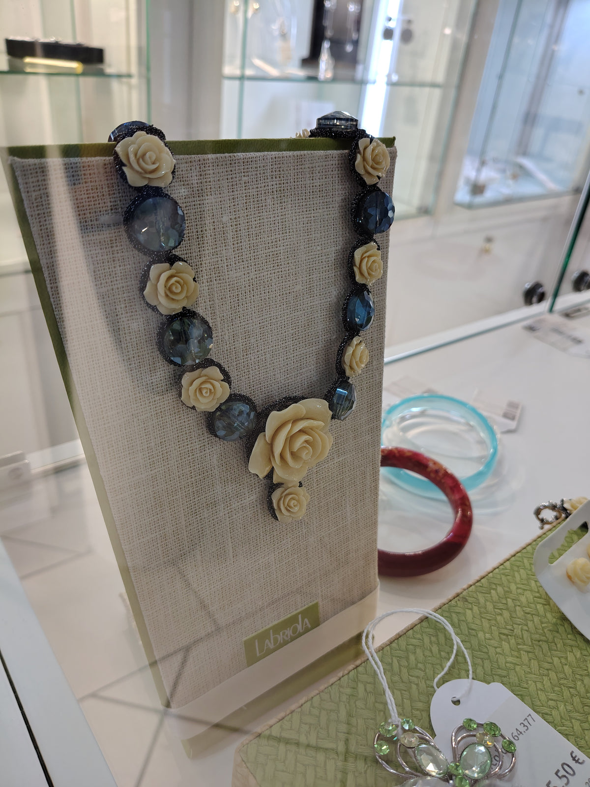 Parure Collana +bracciale E Orecchini Con Rose Panna E Pietre Azzurre
