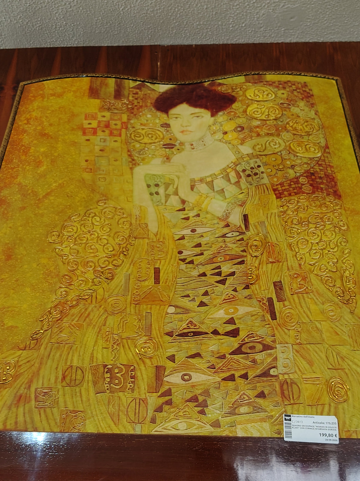 Quadro Decoupage "woman In Gold Di Klimt" Con Cornice Intarsiata Dorata