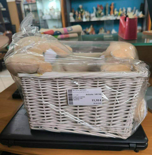 Coppia Di Cestini In Vimini Con Orsetto