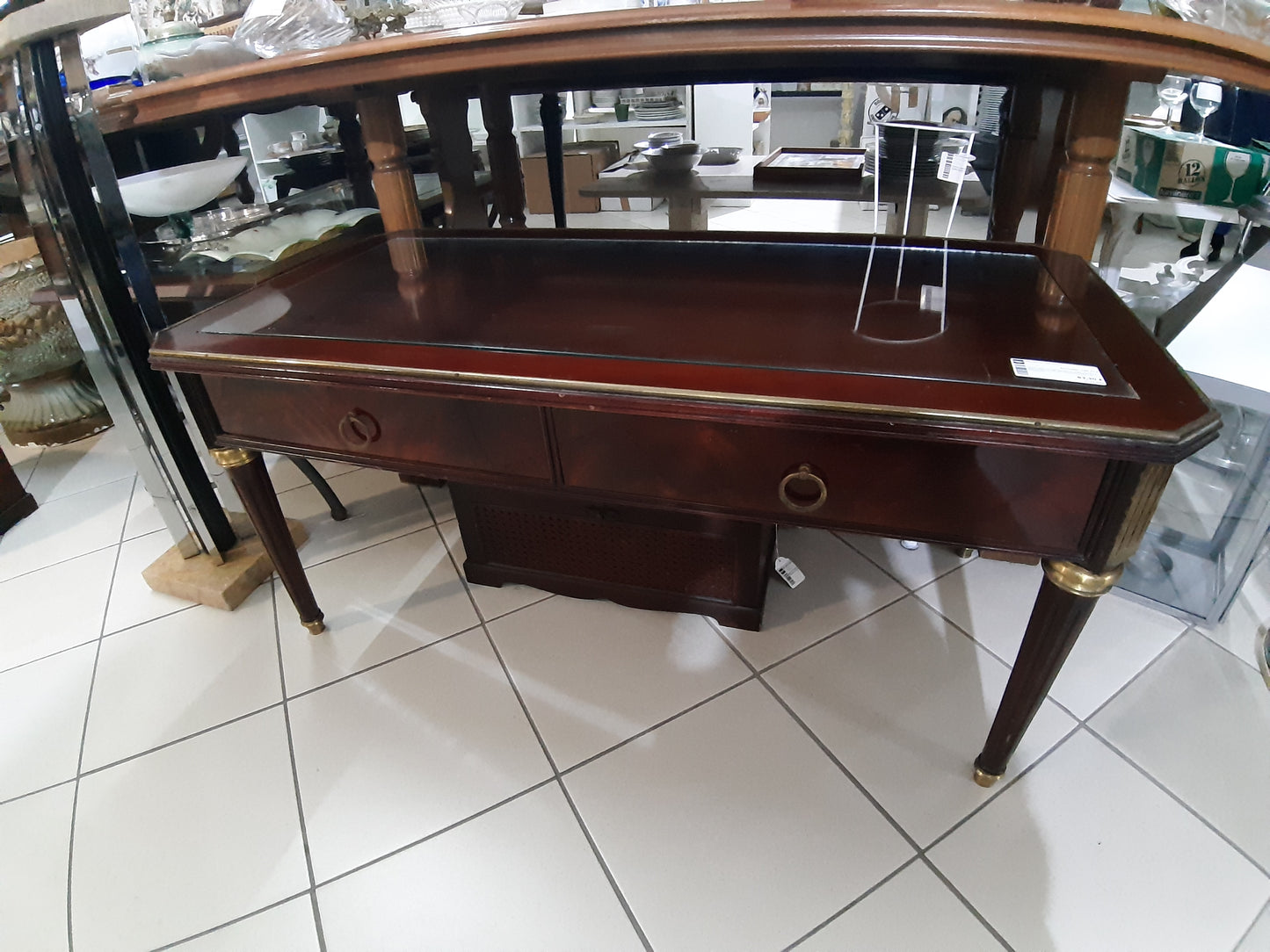 Tavolinetto Da Salotto Con Vetro E Due Cassetti Stile Impero Piuma Di Mogano