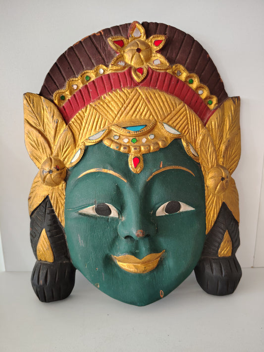 Maschera Etnica In Legno Faccia Verde Con Inserti Specchiertti E Vetri