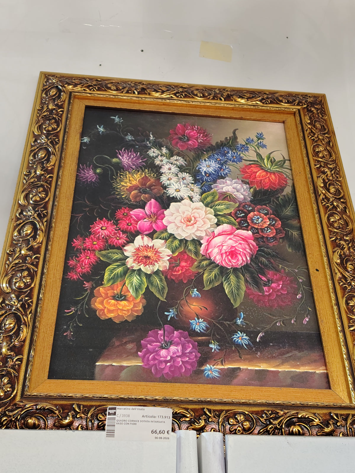 Quadro Cornice Dotata Intarsiata Vaso Con Fiori