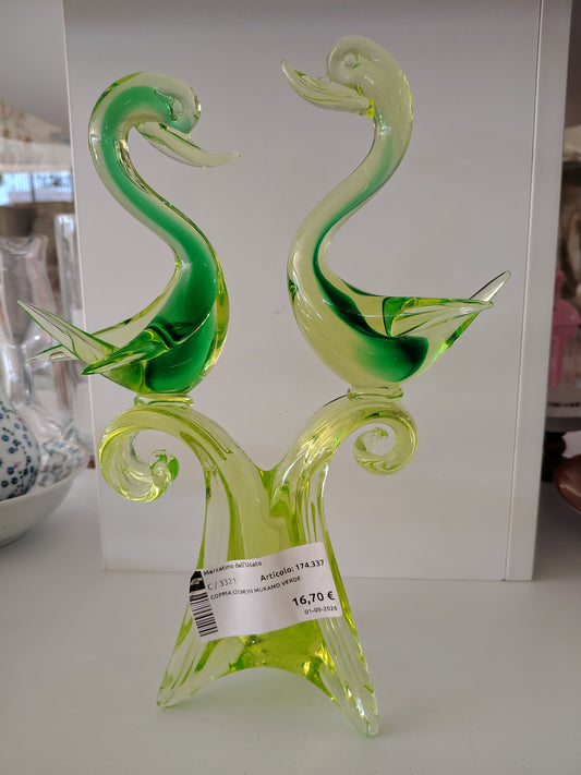 Coppia Cigni In Murano Verde