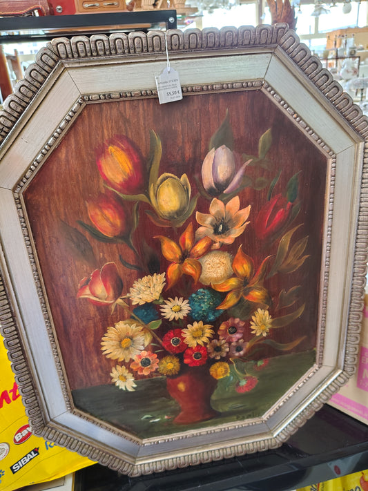 Quadro Ottagonale Vaso Con Fiori Cornice Argentata
