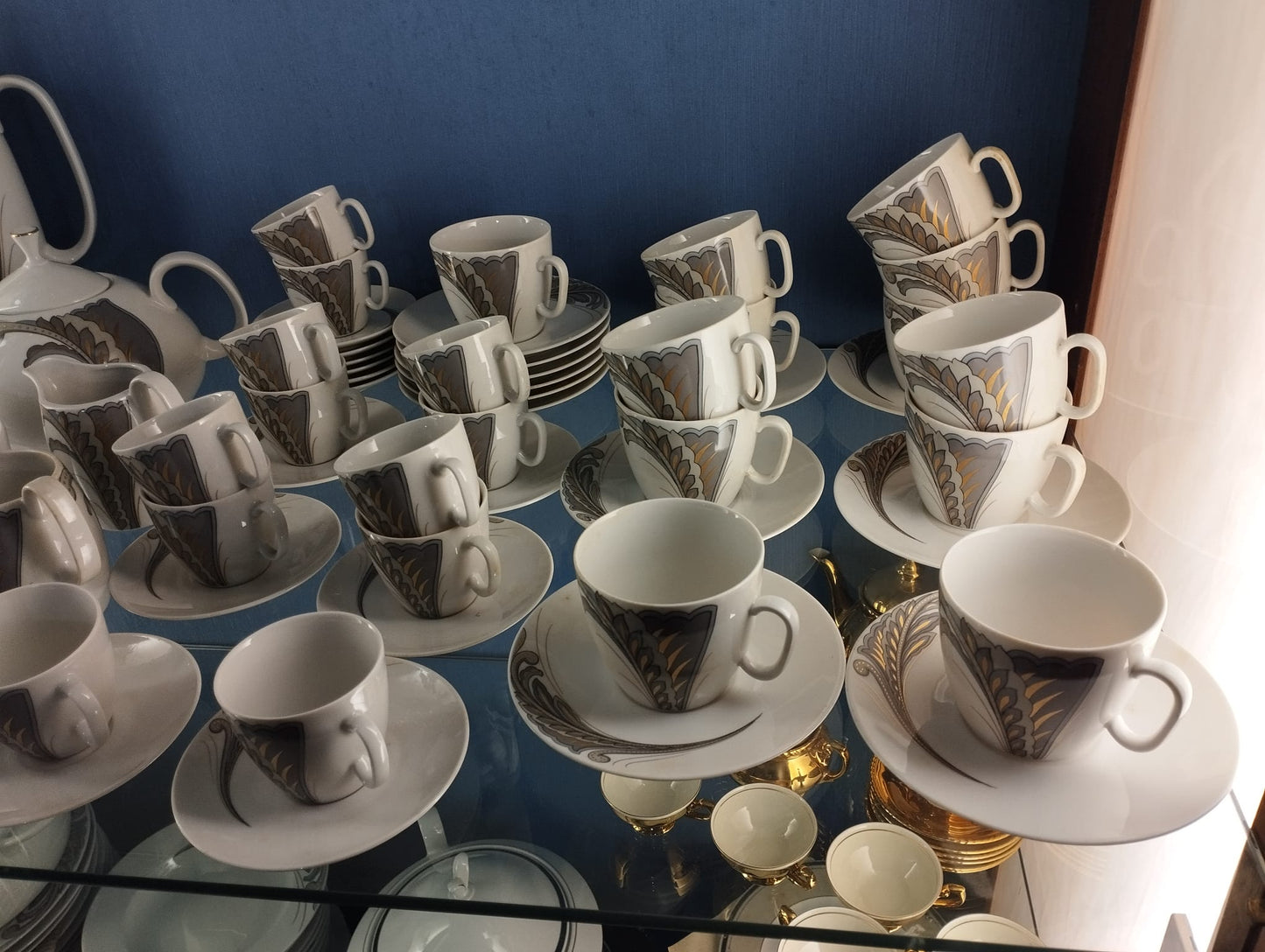 Servizio Da Caffe' Bavaria 15 Pezzi Decoro Floreale Grigio E Dorato