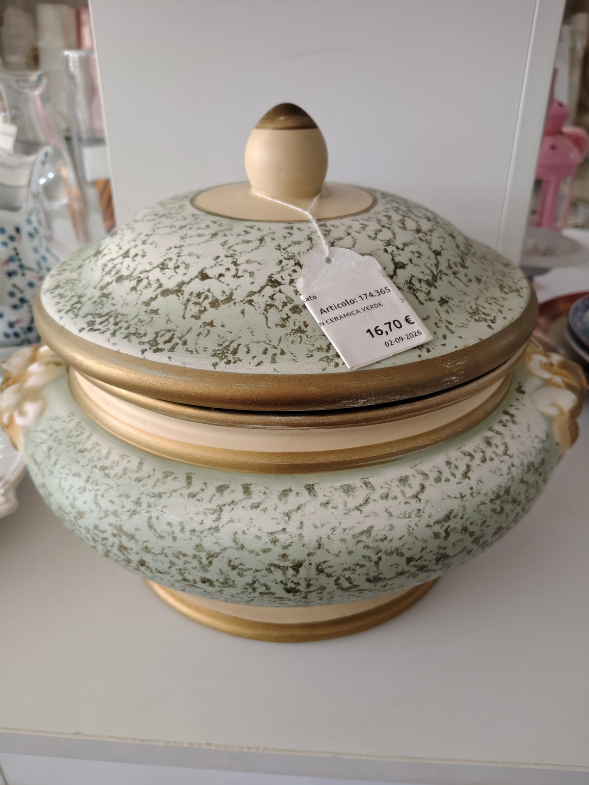 Centro Tavola In Ceramica Verde Bordo Oro