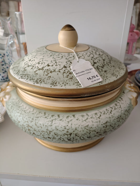 Centro Tavola In Ceramica Verde Bordo Oro