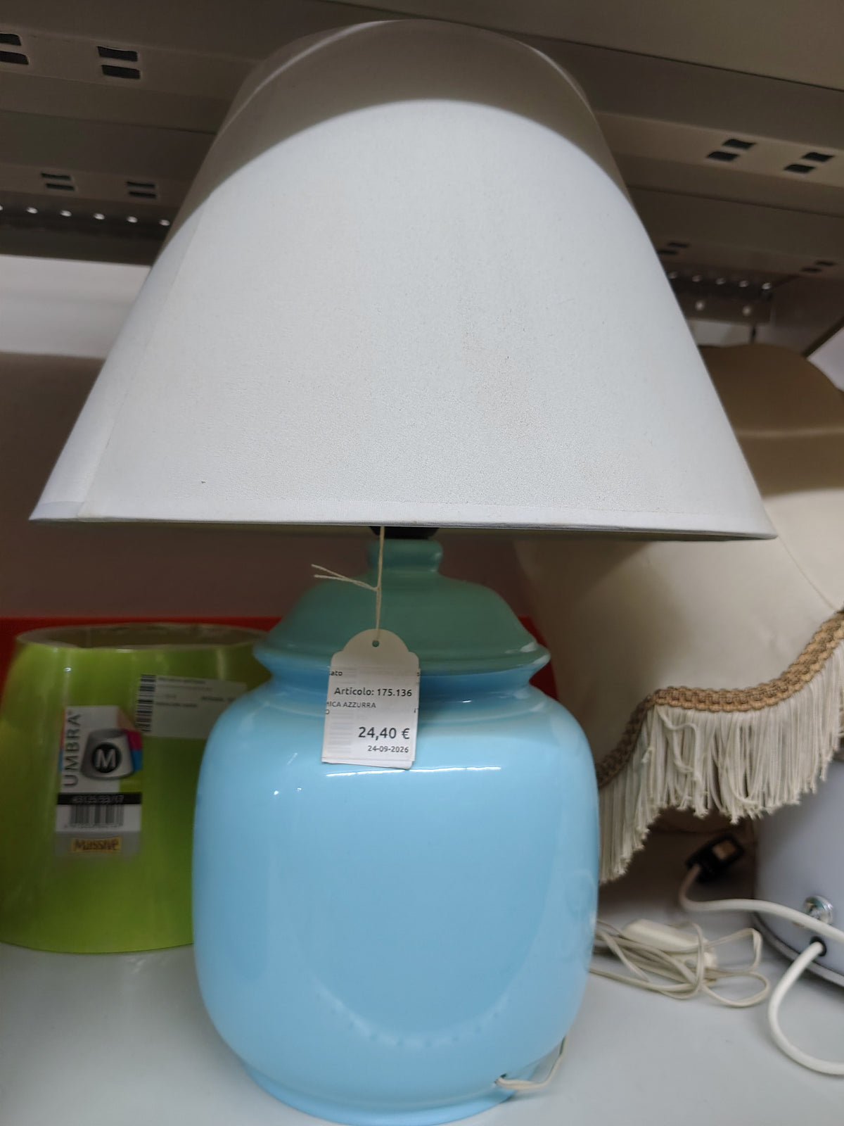 Lume Base Ceramica Azzurra Paralume Bianco
