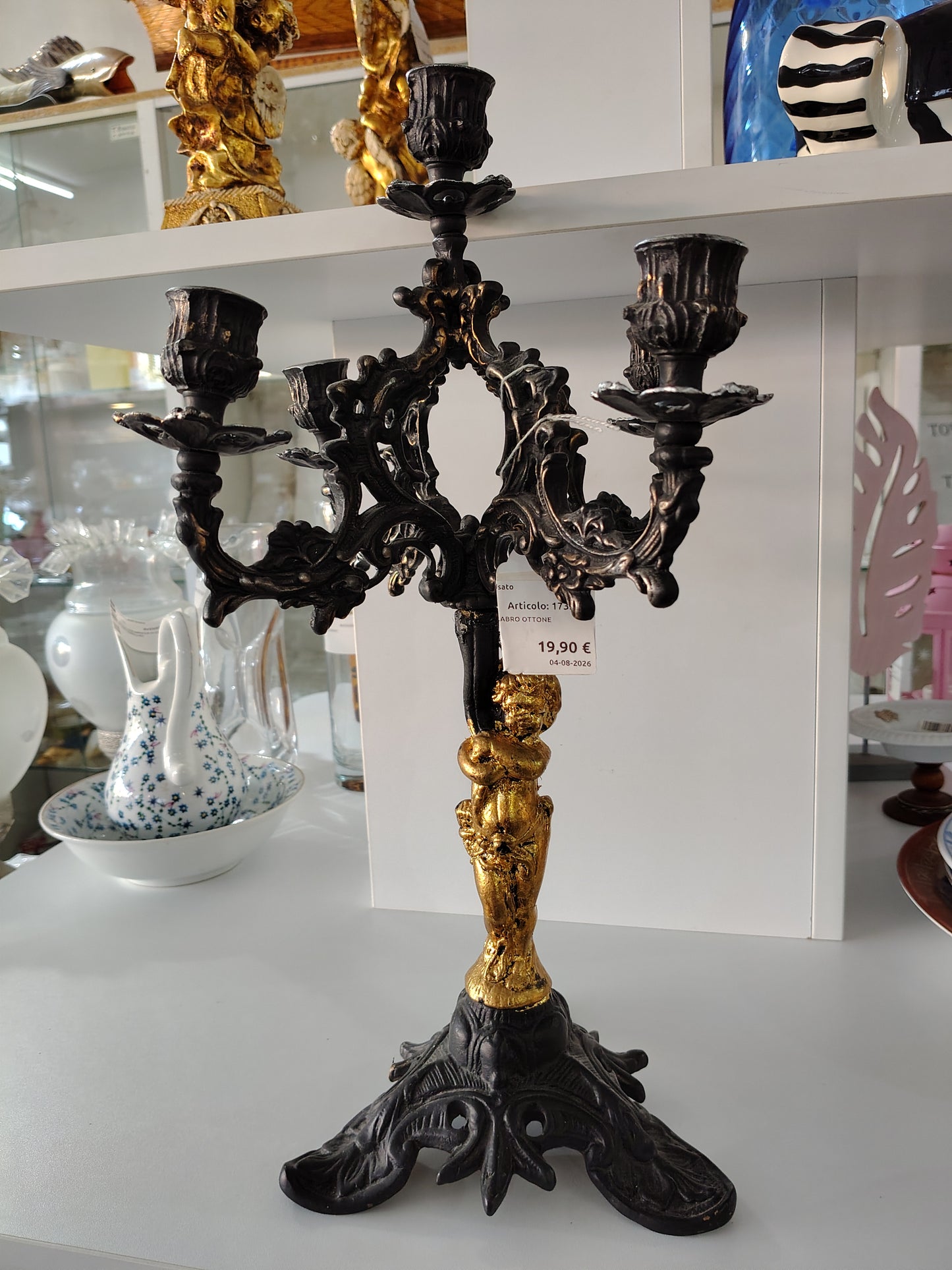 Vecchio Candelabro Ottone Ridipinto 5 Lumi