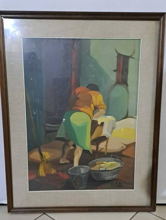 Vecchio Olio Su Tela Lavandaia
