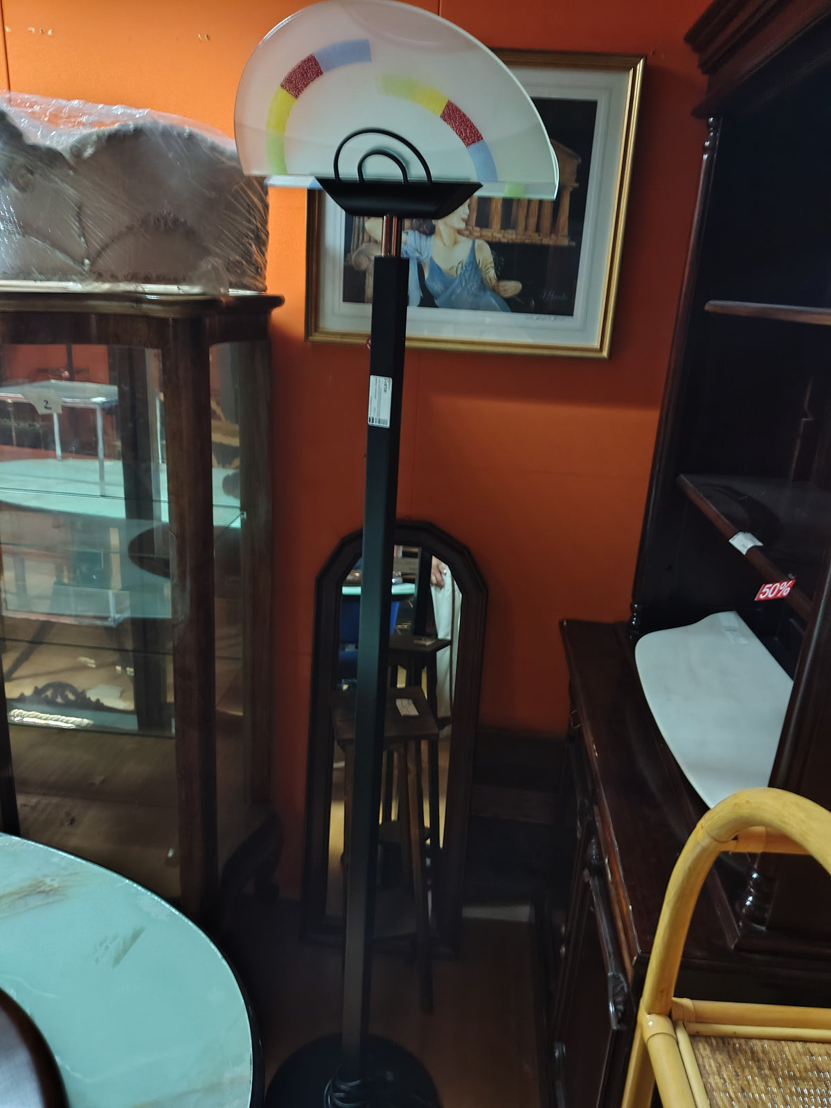 Vecchia Piantana Alogena Nera Con Mezze Lune In Vetro Murano