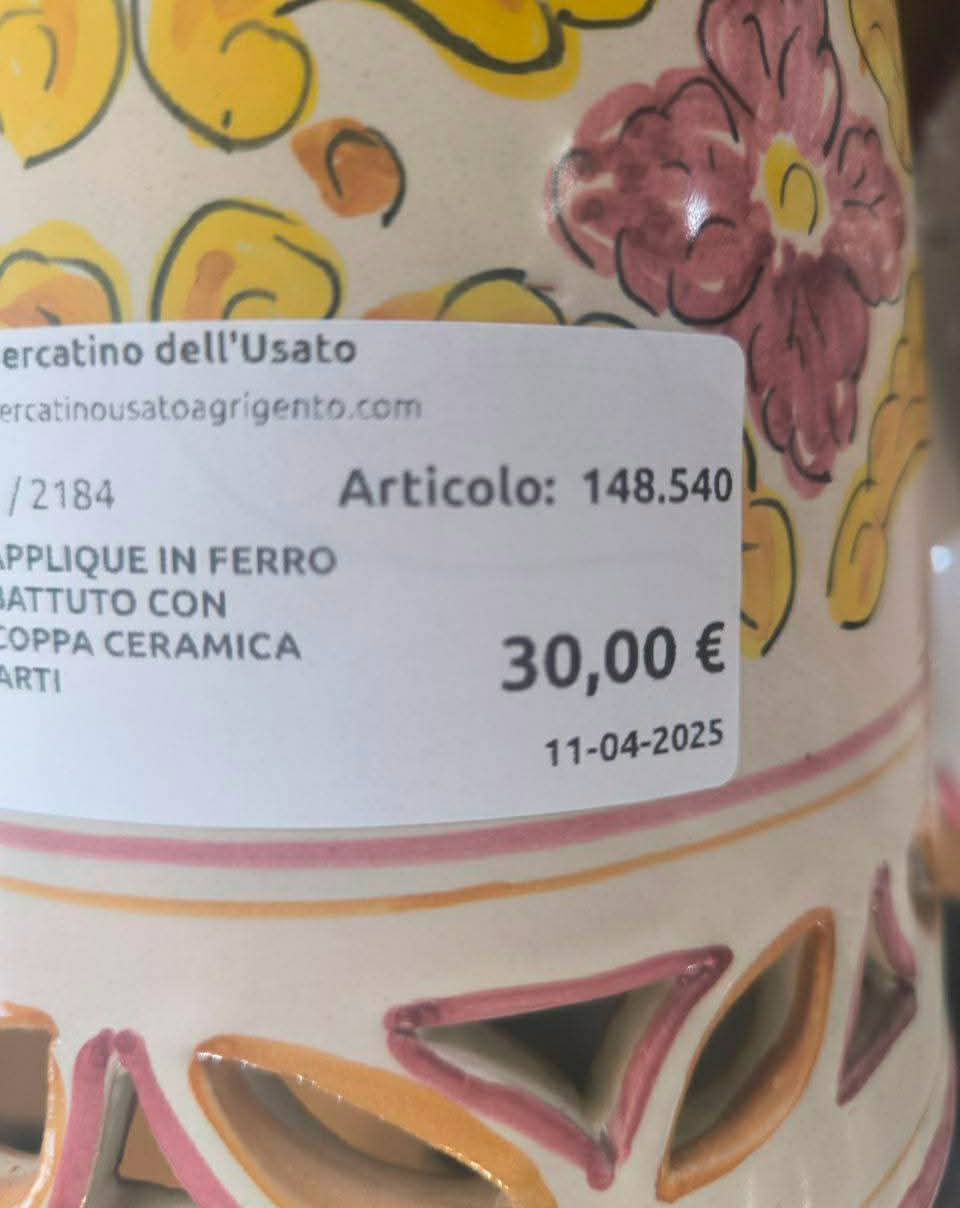 Applique In Ferro Battuto Con Coppa Ceramica Artigianale