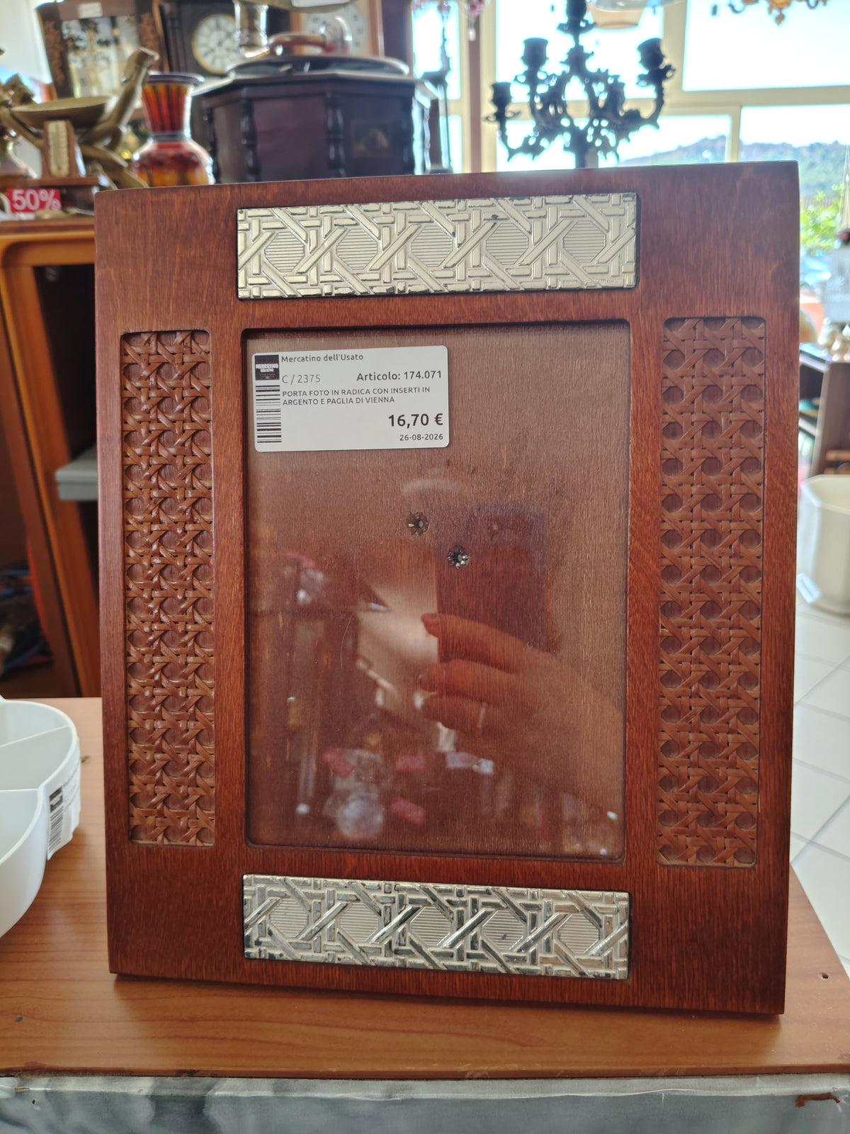 Porta Foto In Radica Con Inserti In Argento E Paglia Di Vienna