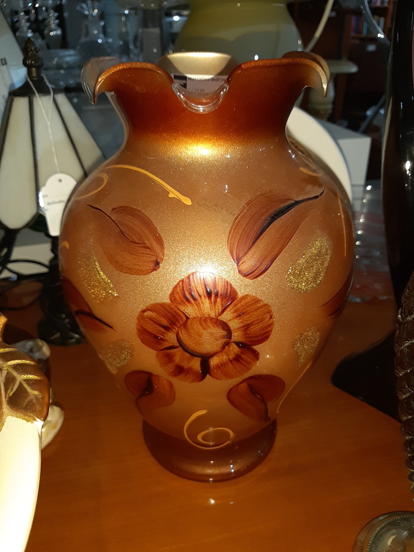 Vaso In Vetro Murano Marrone Con Decorazioni