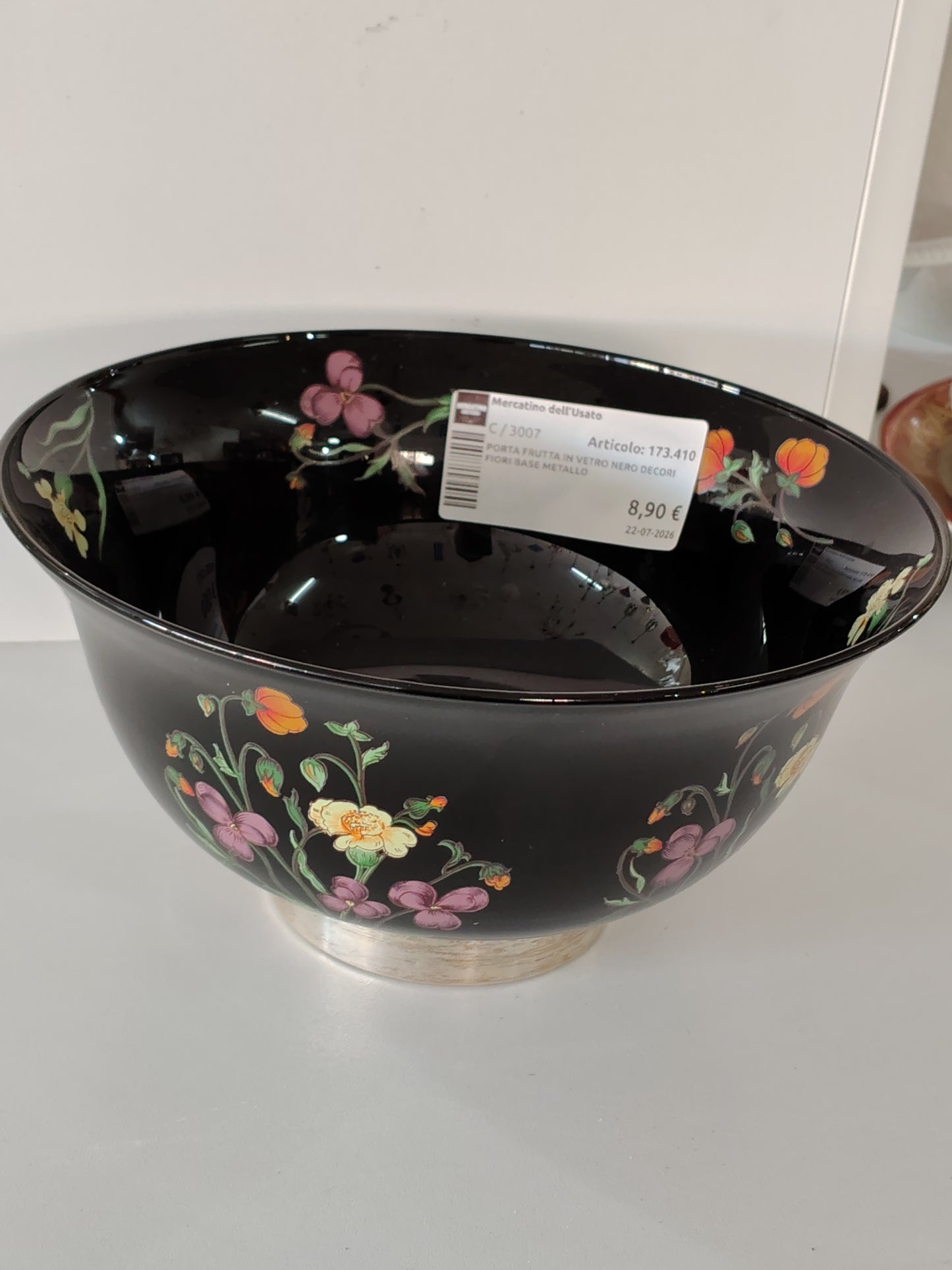 Porta Frutta In Vetro Nero Decori Fiori Base Metallo