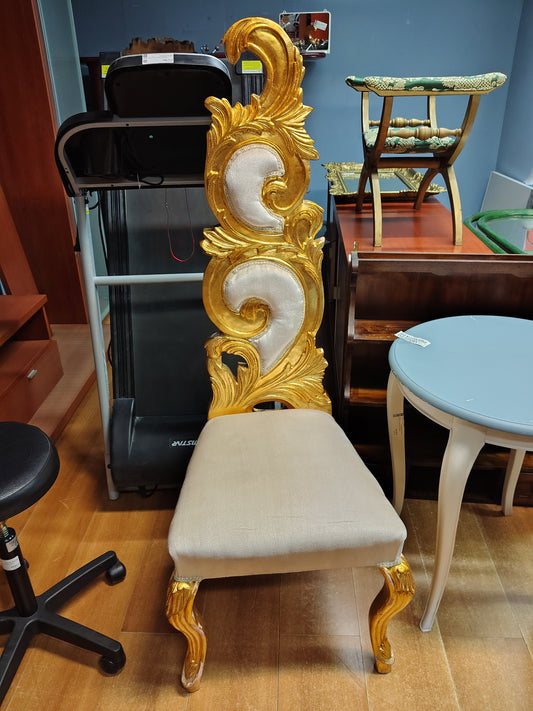 Sedia Trono Stile Barocco Spalliera Intagliata E Tessuto Bianco Decorata Foglia Oro R