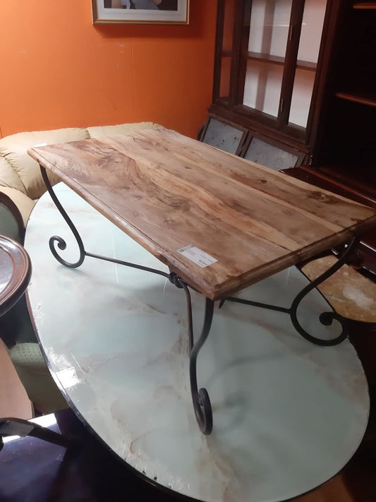 Tavolino Fero Battuto Con Piano In Legno
