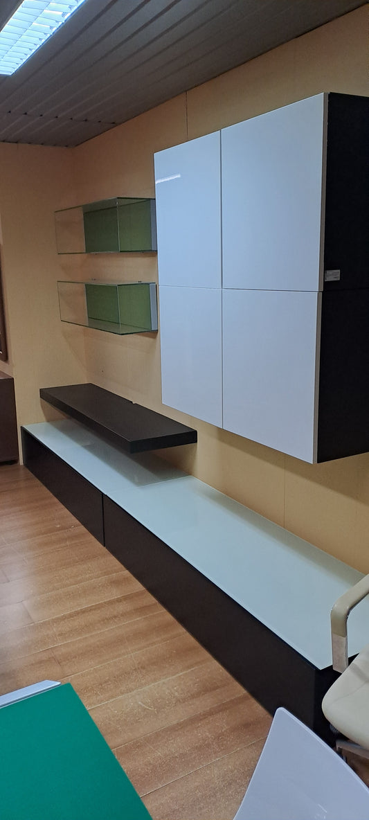 Parete Attrezzata Wengè Con Vetro Bianco + 4 Cubi Da Parete E Mensola Porta Tv