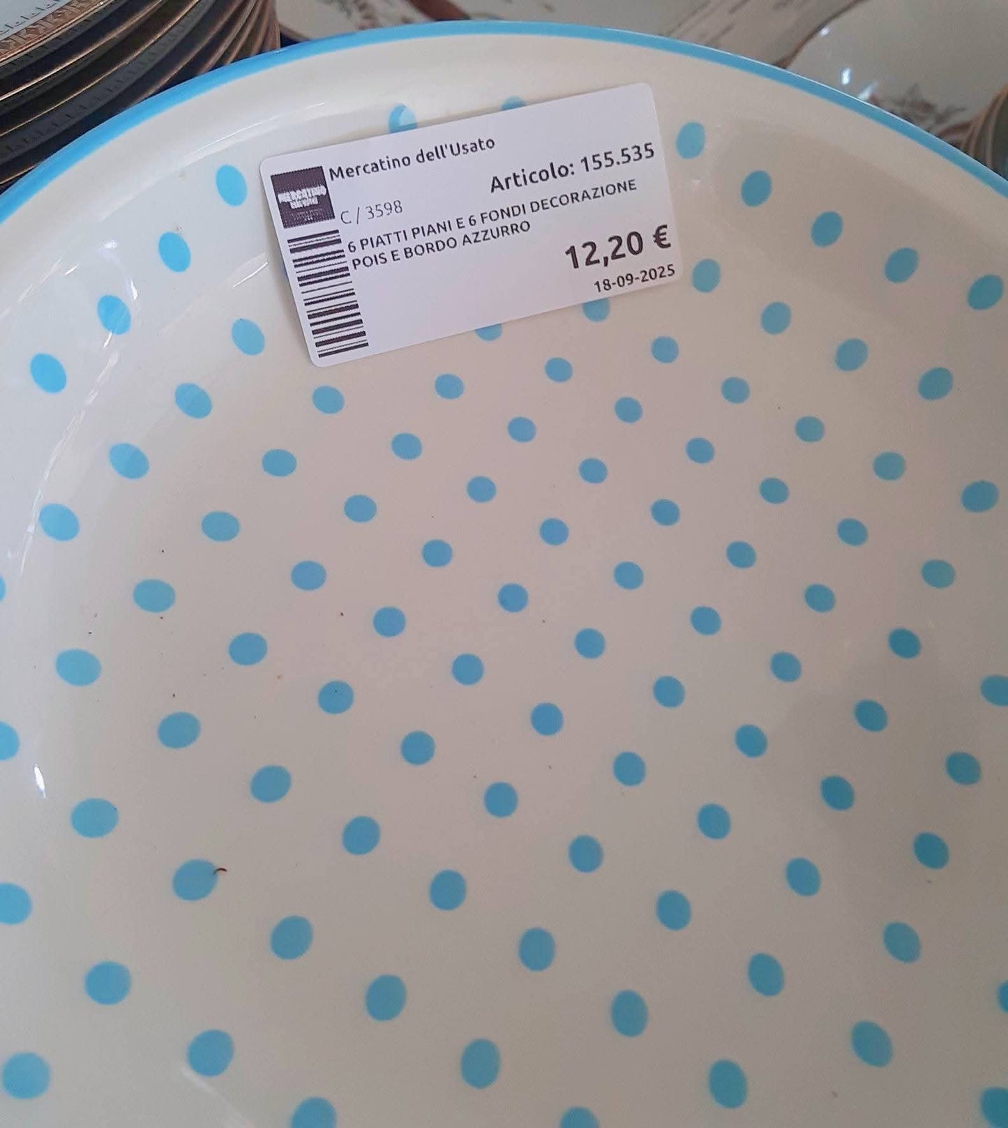 6 Piatti Piani E 6 Fondi Decorazione Pois E Bordo Azzurro