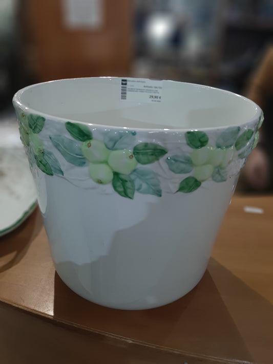 Cachepot Bianco In Ceramica Con Cordoncino Verde Folglie E Frutta